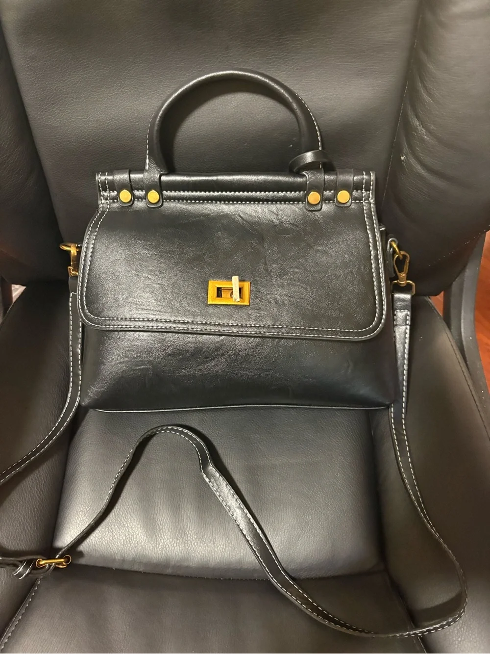 Women’s Black Leather Satchel with Gold Hardware